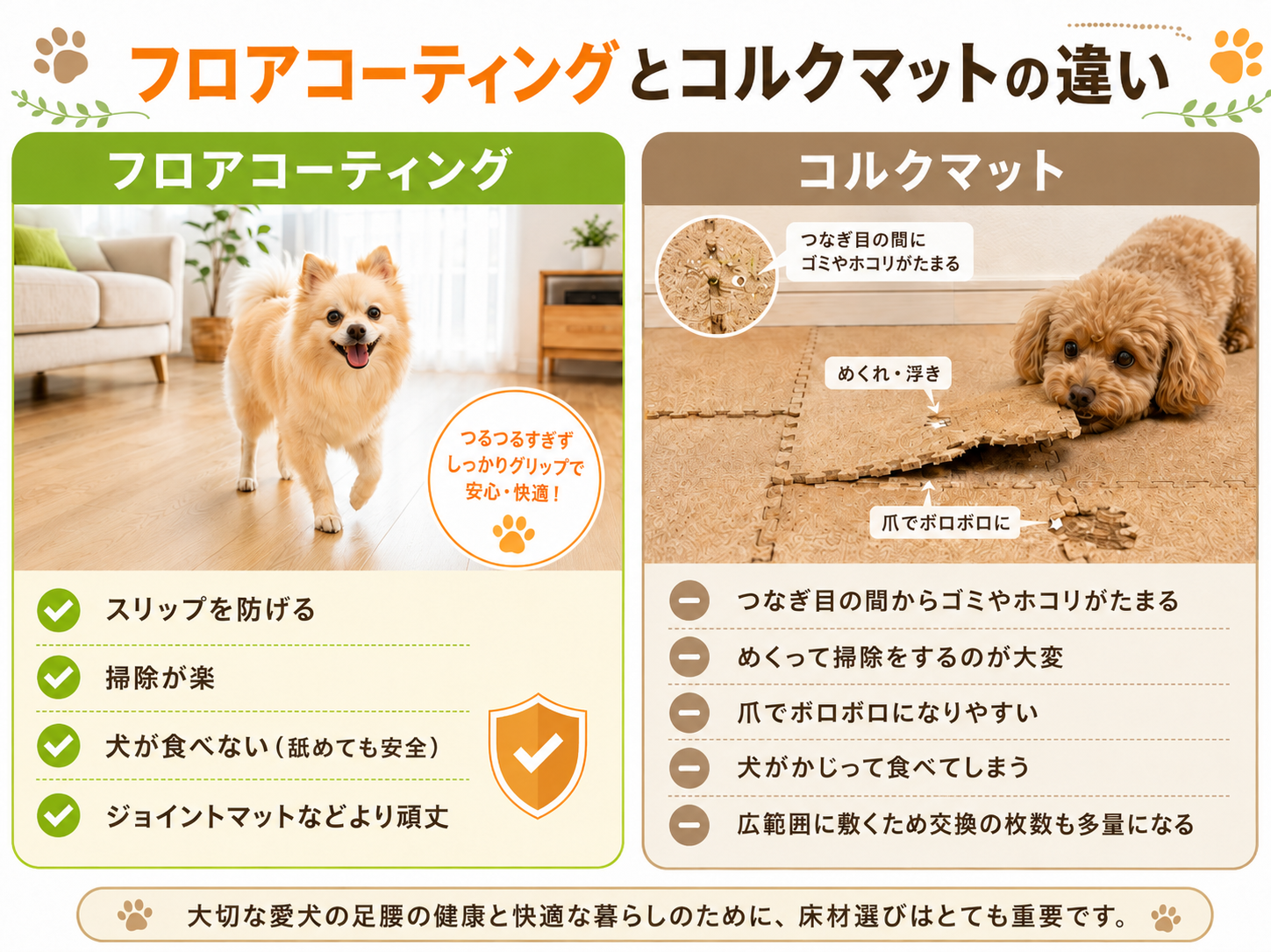 フロアコーティング　コルクマット　違い